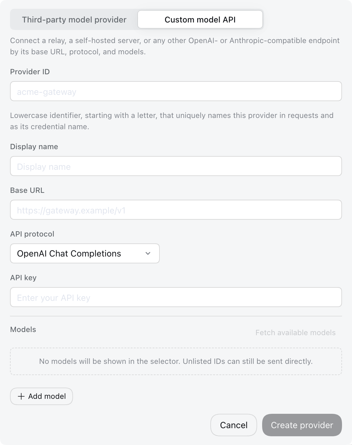 DeepSeek Harness custom model API form: provider ID, display name, API URL, API protocol and API key