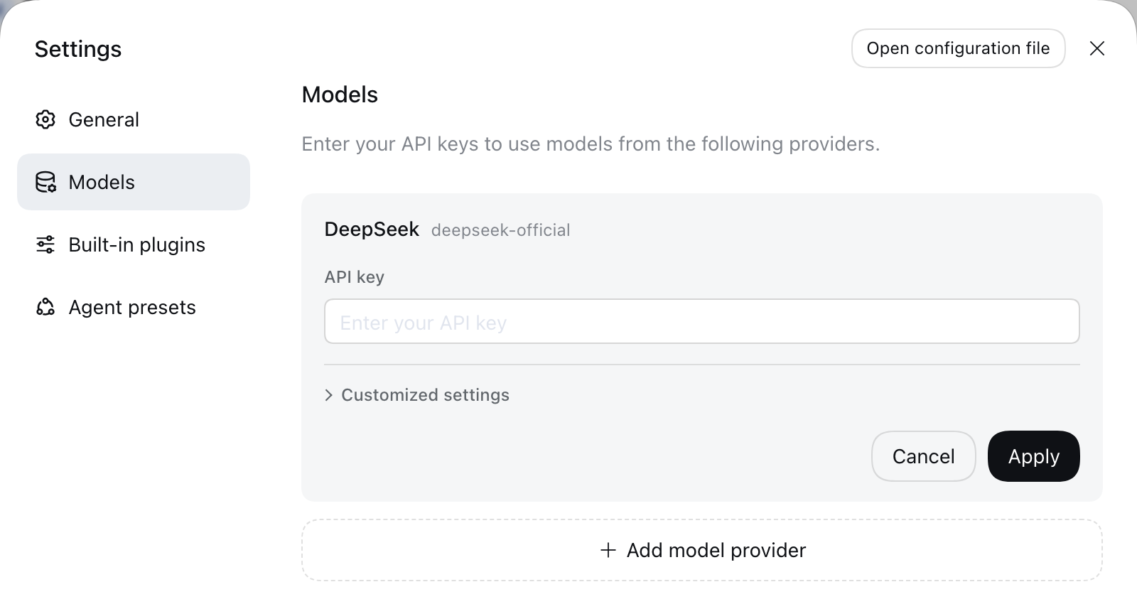 DeepSeek Harness models page with the DeepSeek card and the add model provider entry